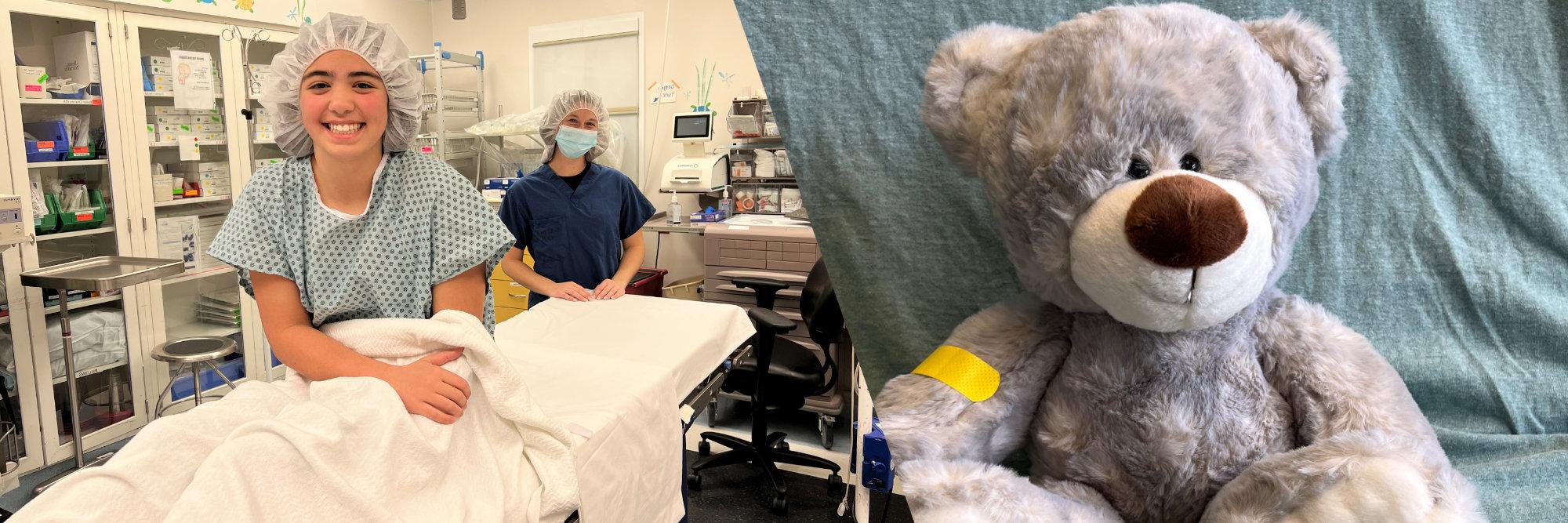 Beary the bear, and child patient smiling while preparing for procedure